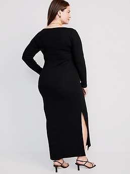 Fitted Rib-Knit Square-Neck Midi Dress