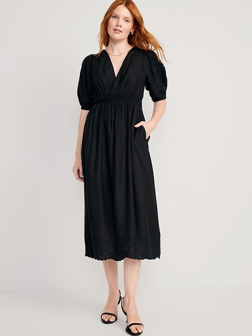 Image number 1 showing, Waist-Defined V-Neck Shirred Midi Dress