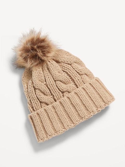 View large product image 1 of 1. Cable-Knit Faux-Fur Pom-Pom Beanie for Girls