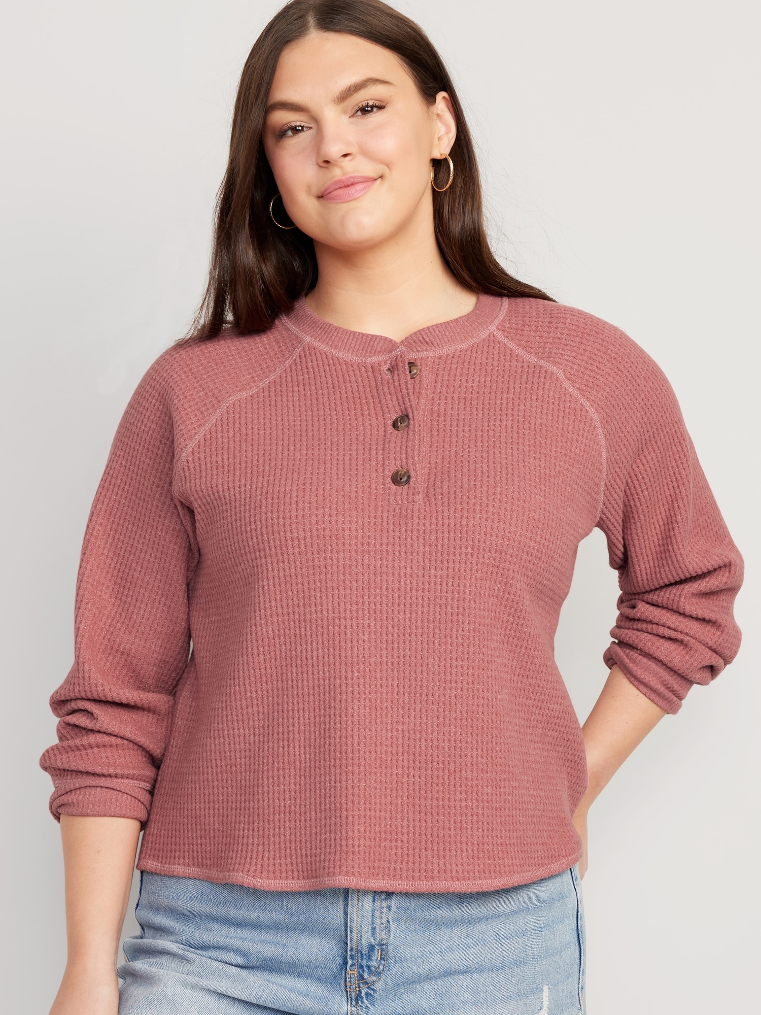 Plush WaffleKnit Henley Top for Women Old Navy