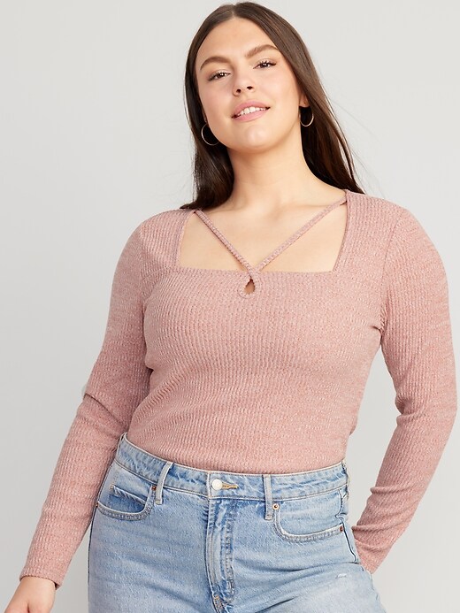 Image number 4 showing, Fitted Long-Sleeve Strappy Keyhole Top