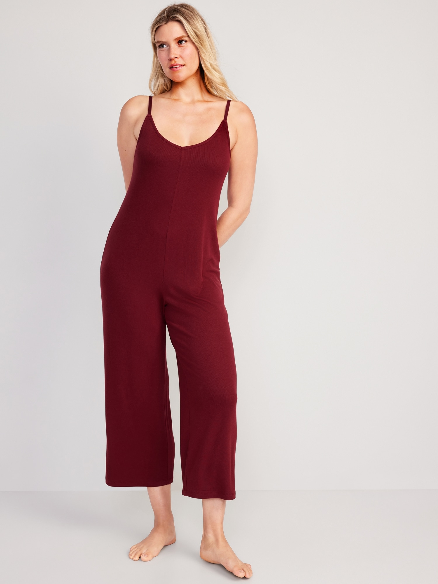  OYOANGLE Women's Maternity Ribbed Knit Cami Jumpsuit