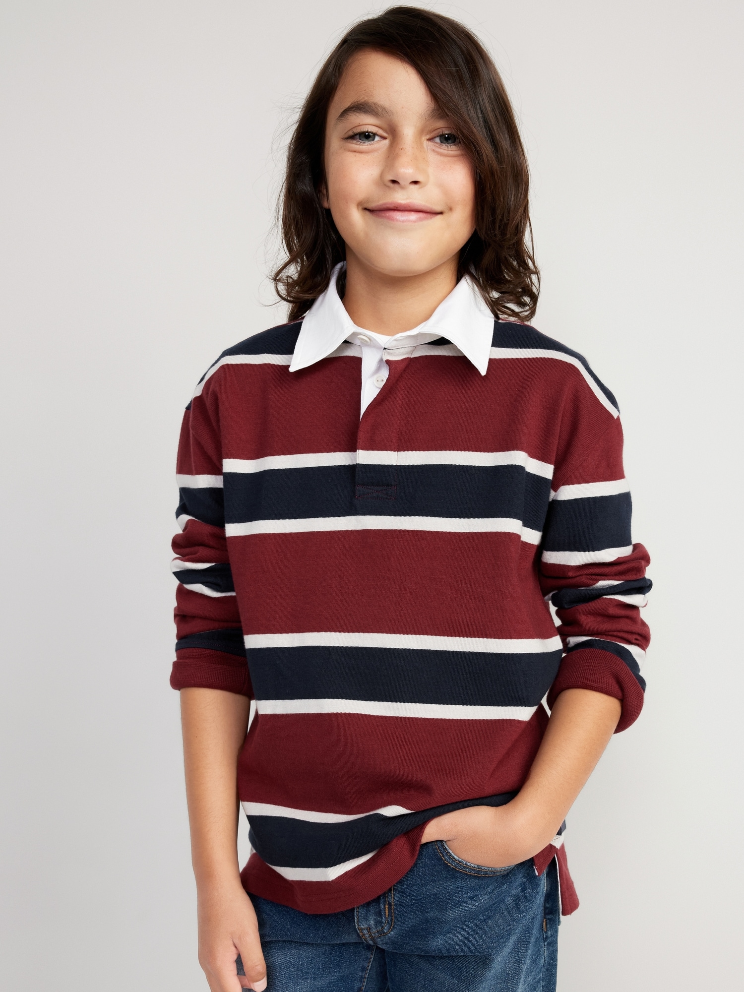 Striped Long-Sleeve Rugby Polo Shirt for Boys