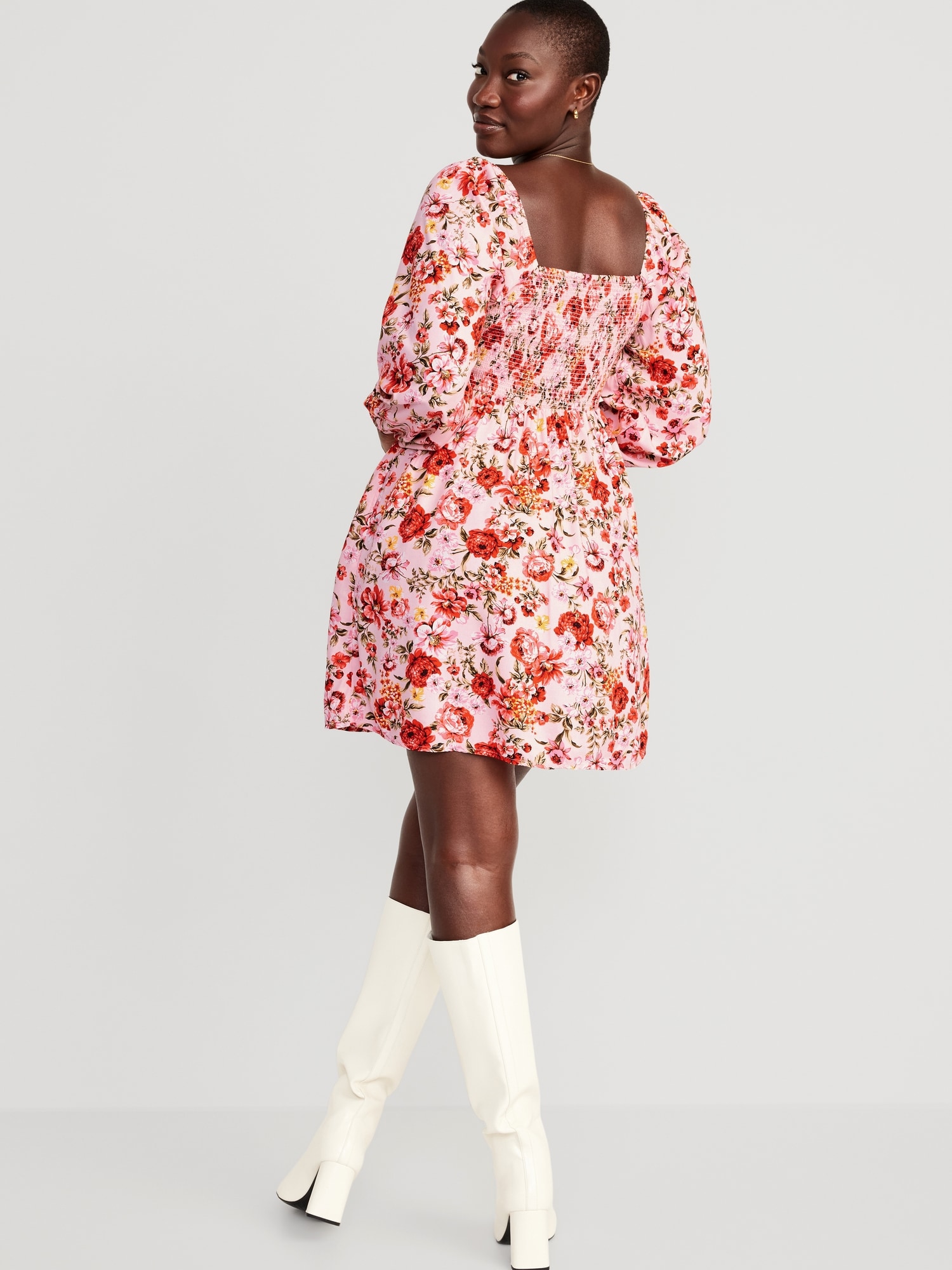 Red floral midi dress with long sleeves for autumn and winter | Weltentänzer