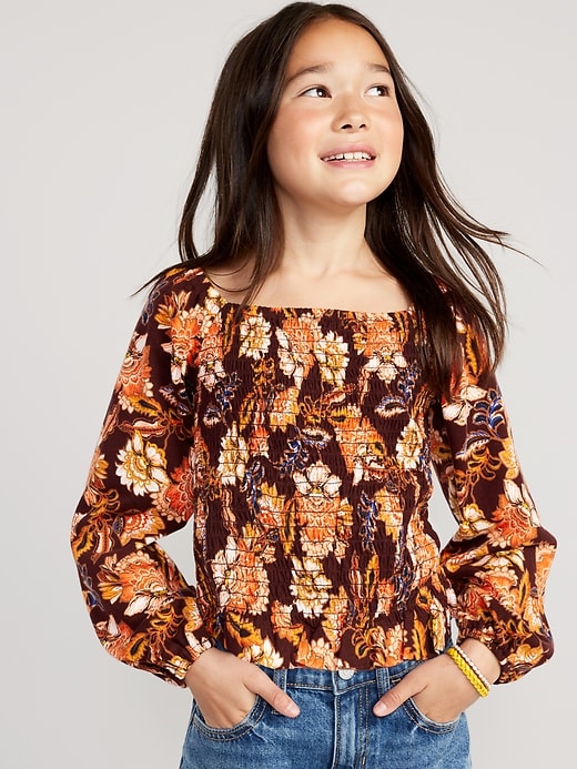 View large product image 1 of 3. Long-Sleeve Printed Jersey-Knit Smocked Top for Girls