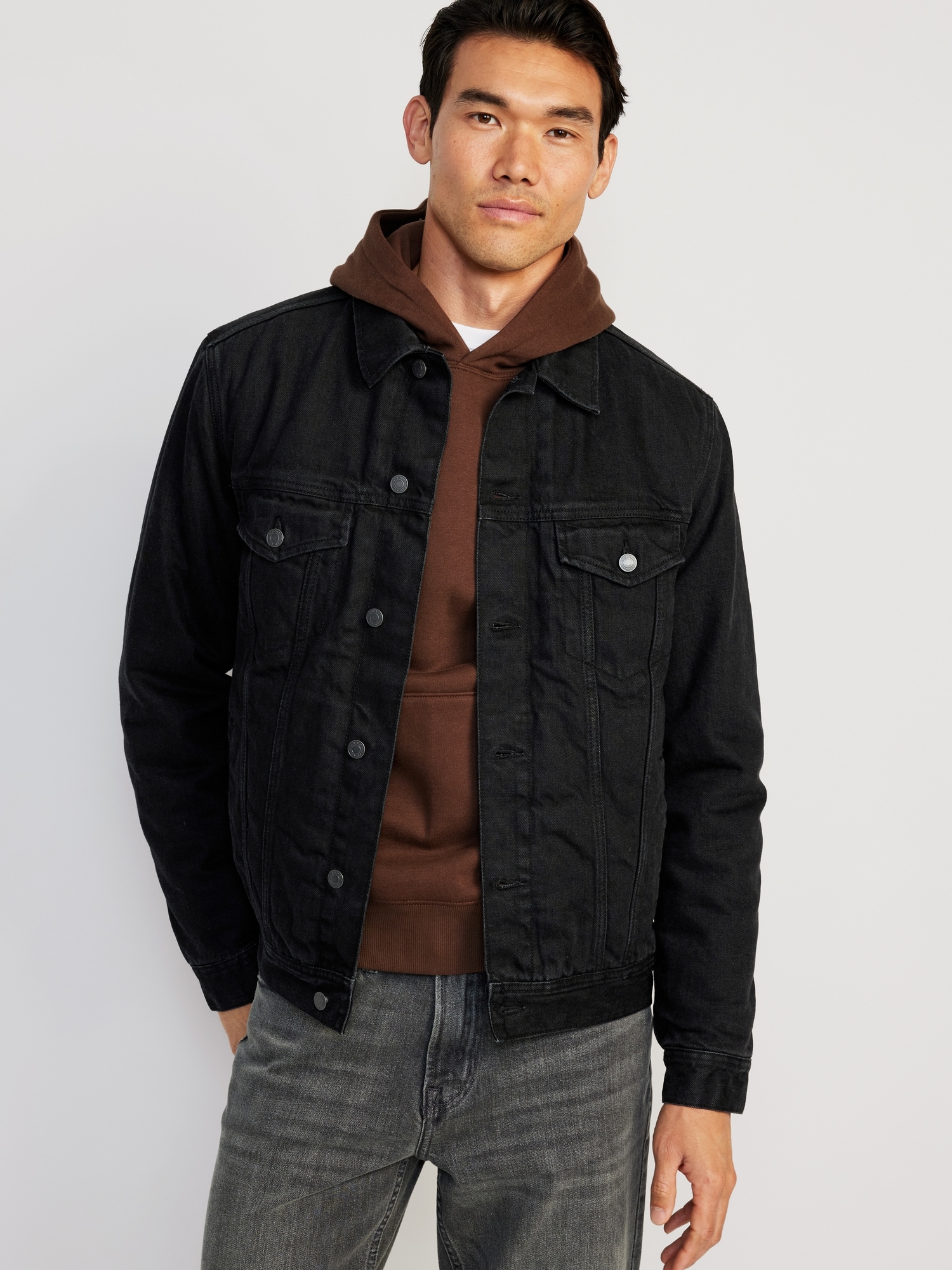 SLAY. Men's Full Sleeves Black Solid Embroidered Button-Down Black Denim  Jacket with Faux-fur Lining