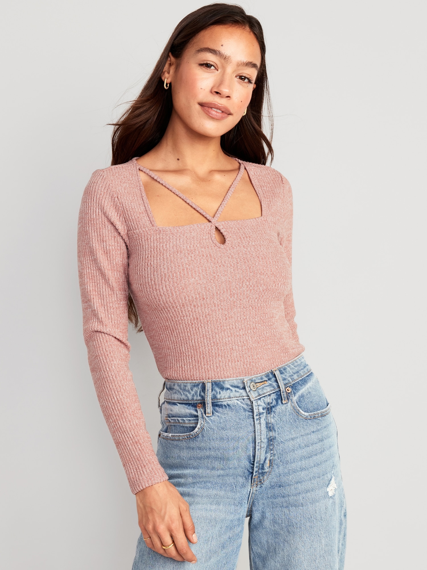 Fitted Long-Sleeve Strappy Keyhole Top