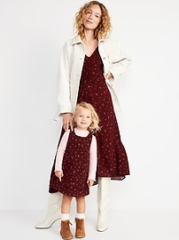 Children's dress of lilac cotton printed in strips of burgundy and white  motifs, frock outerwear children's clothing clothing cotton, textile sewn  (hand) smocked pleated wrinkled Girls dress of lilac cotton with print