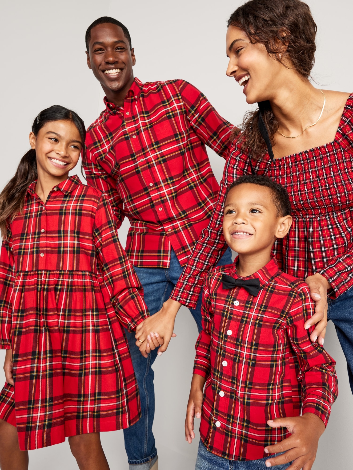 Family Matching Red Plaid Sleeveless Dresses and Long-sleeve Shirts Sets