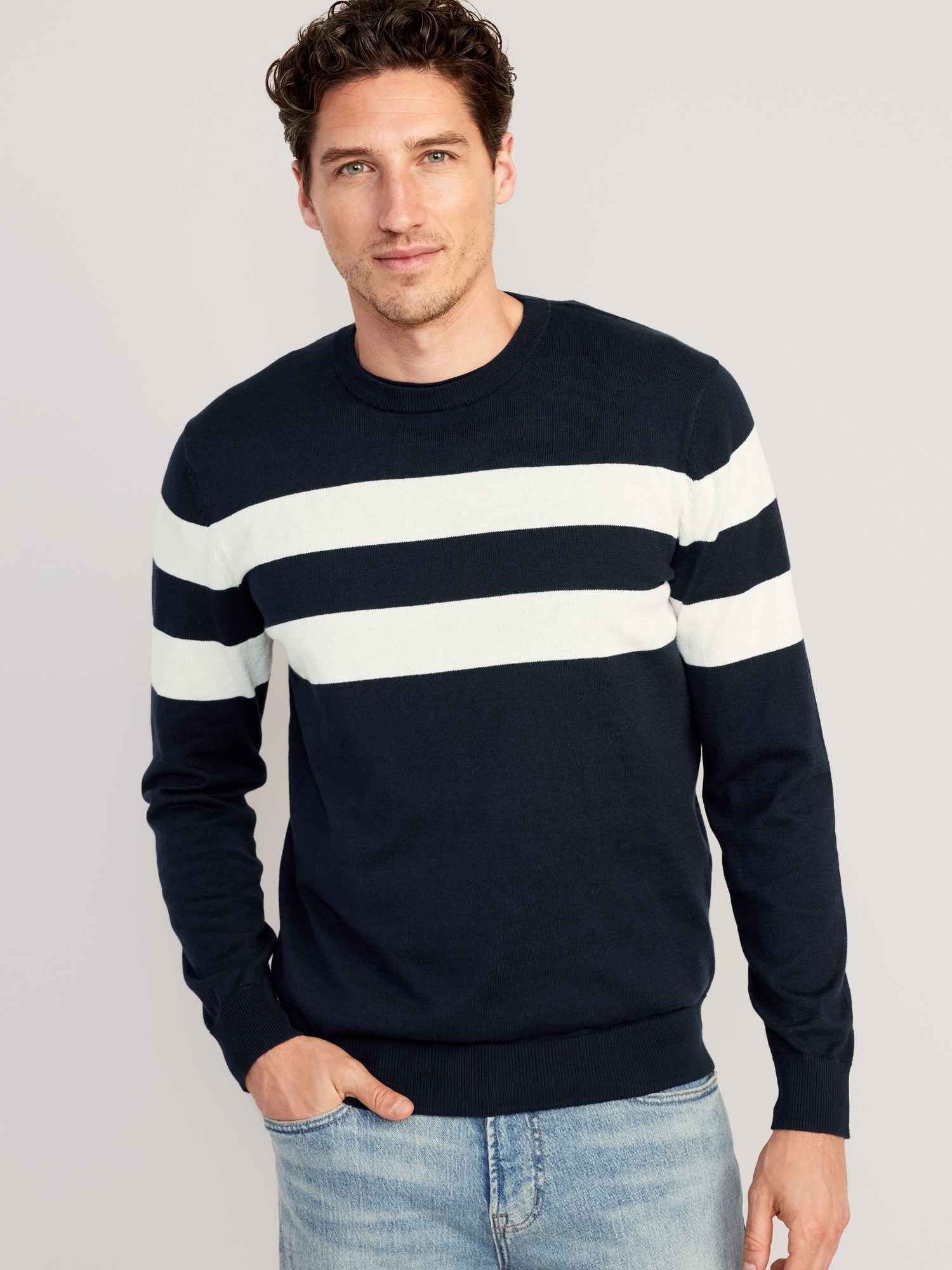 Relaxed Fit Rib-knit Sweater - Beige/striped - Men