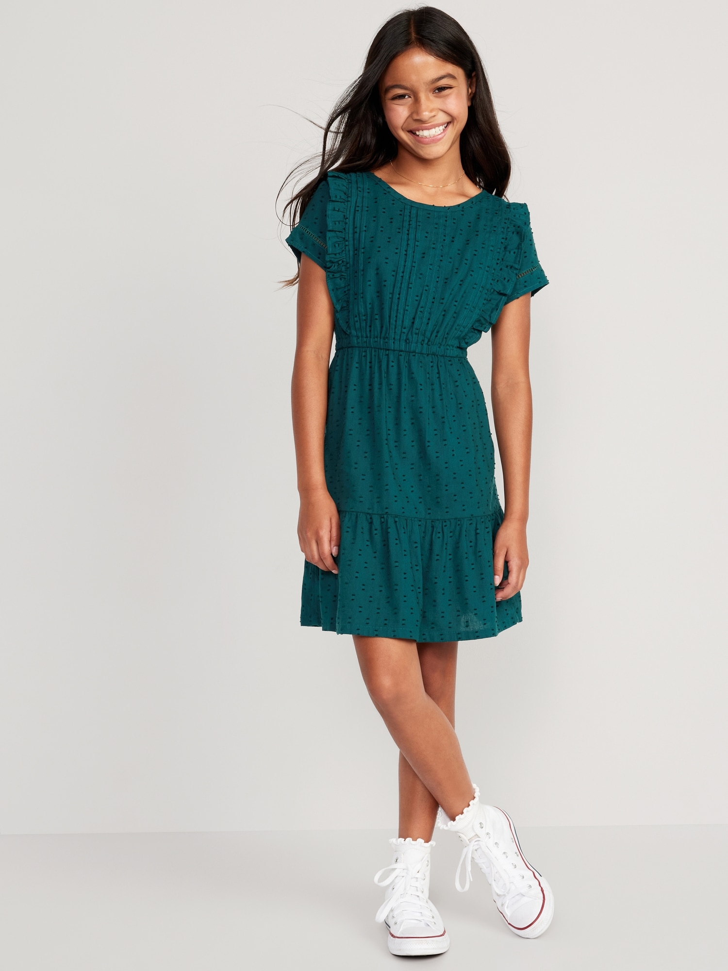 Short-Sleeve Ruffle-Trim Clip-Dot Fit & Flare Dress for Girls