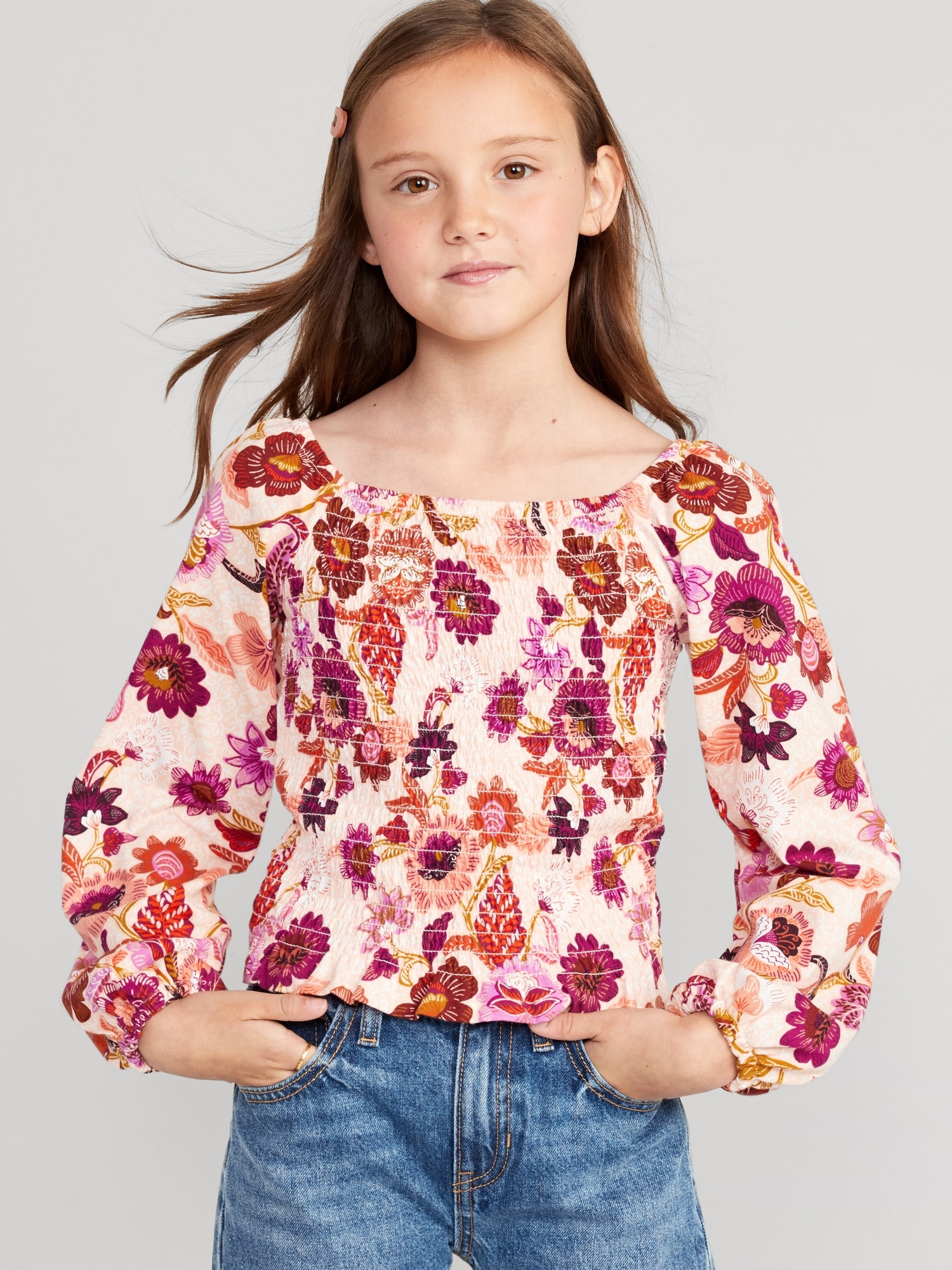 Long-Sleeve Printed Jersey-Knit Smocked Top for Girls