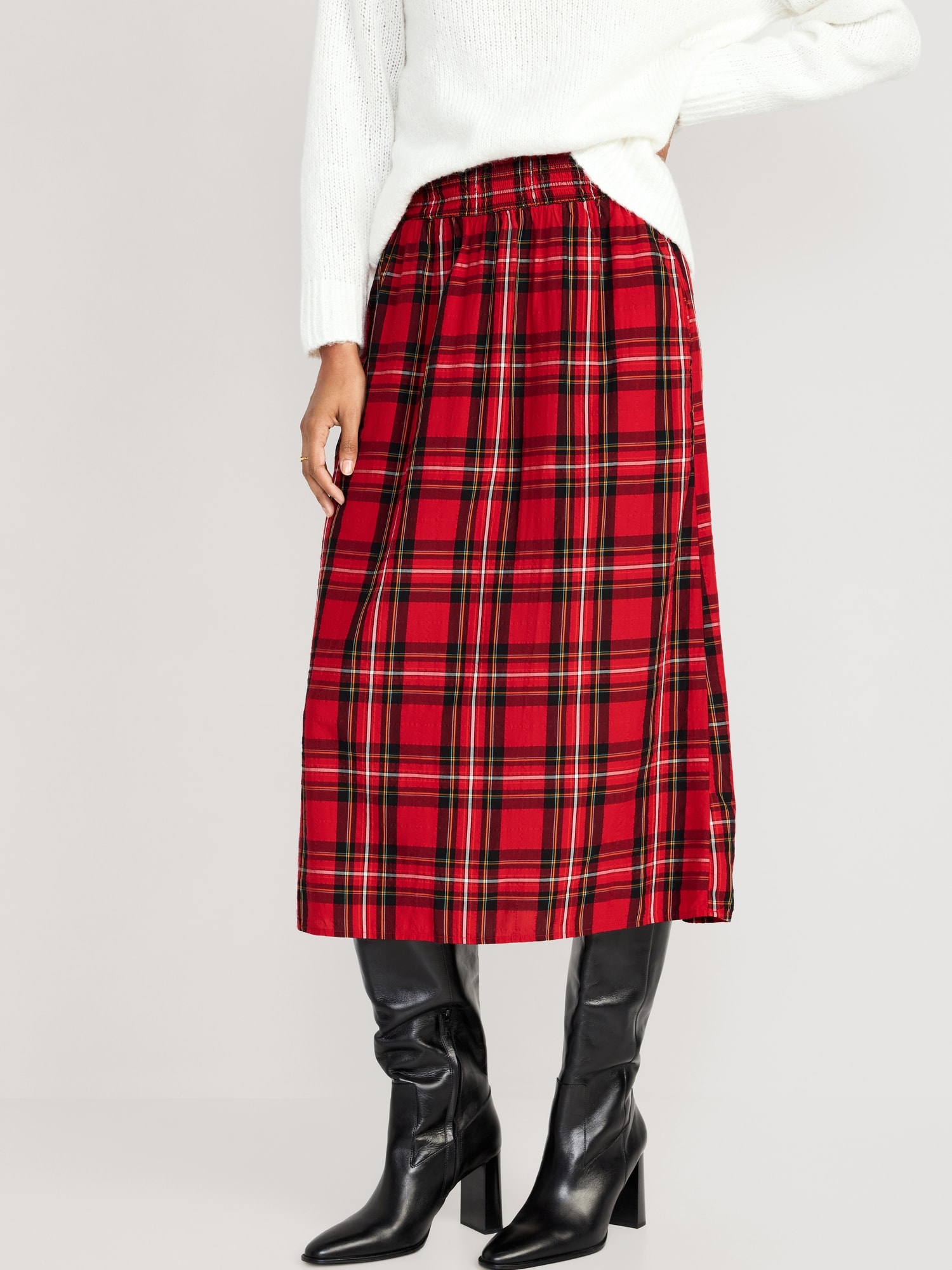 High-Waisted Smocked Midi Skirt