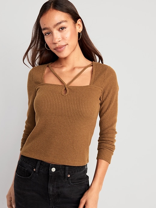 Image number 1 showing, Fitted Long-Sleeve Strappy Keyhole Top