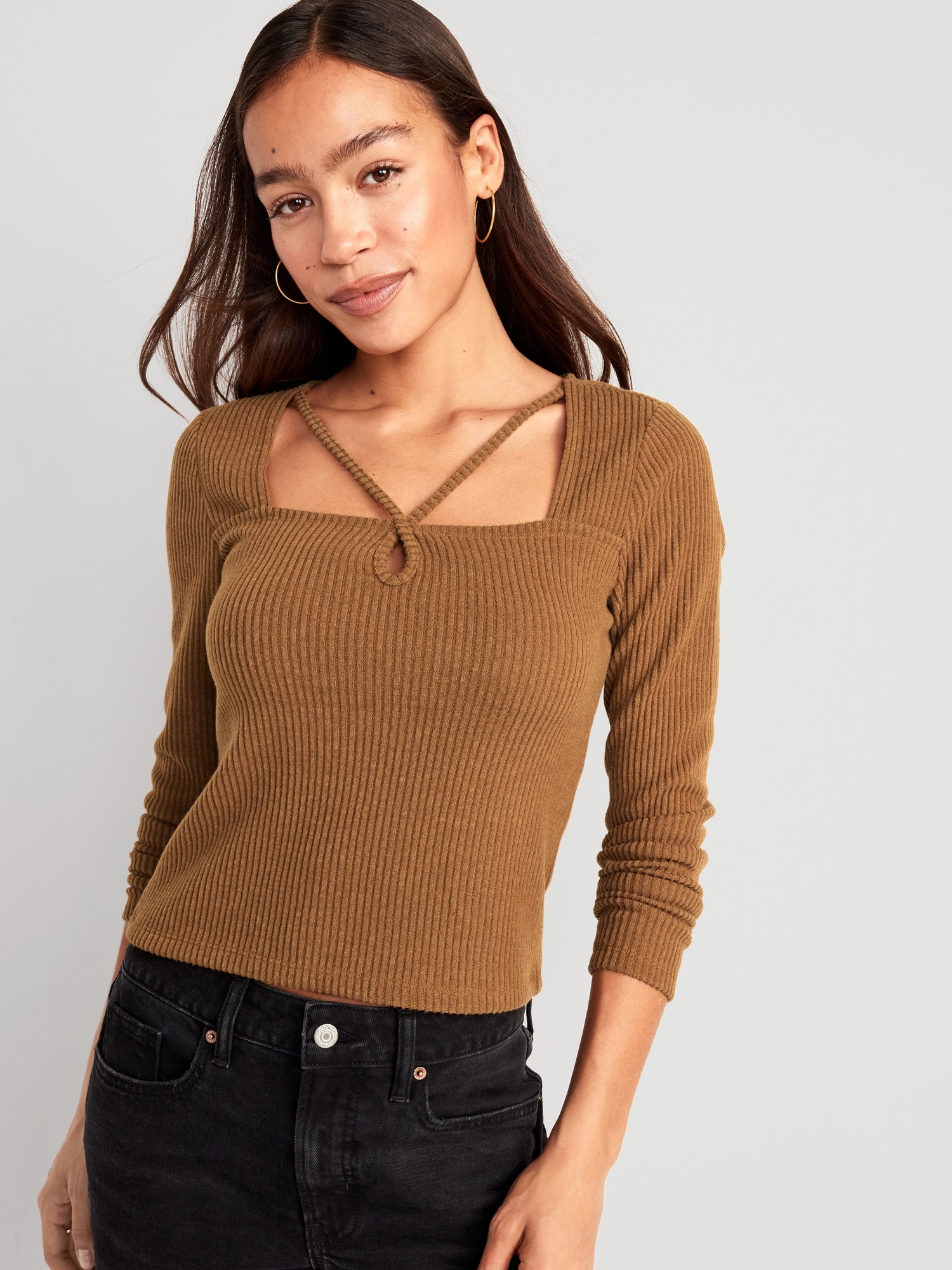 Fitted Long-Sleeve Strappy Keyhole Top