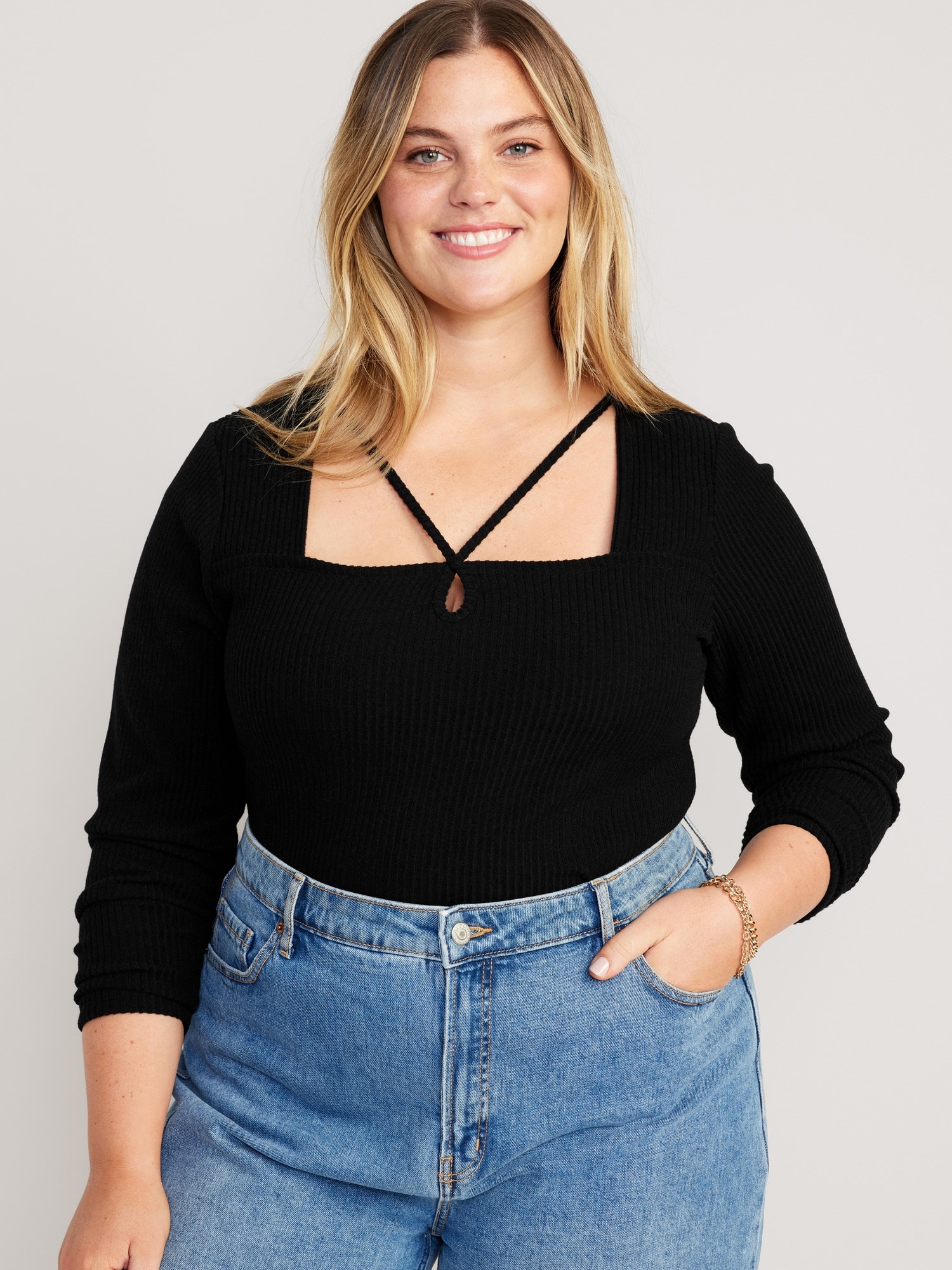 Women | Long-Sleeve Top Navy Strappy Fitted Old Keyhole for