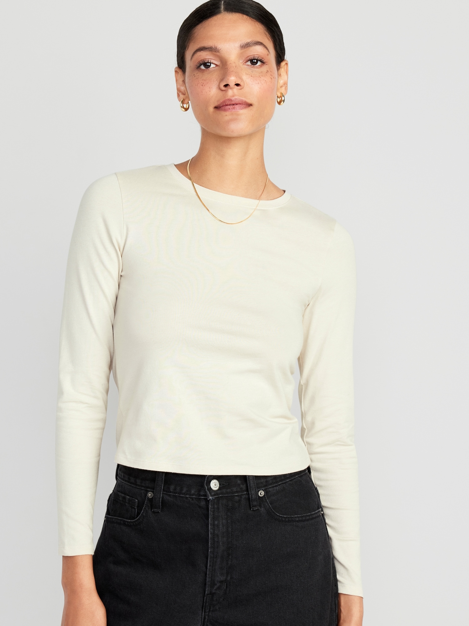 Black Long Sleeve Mid-Thigh T-Shirt, Off White Long Sleeve Tops