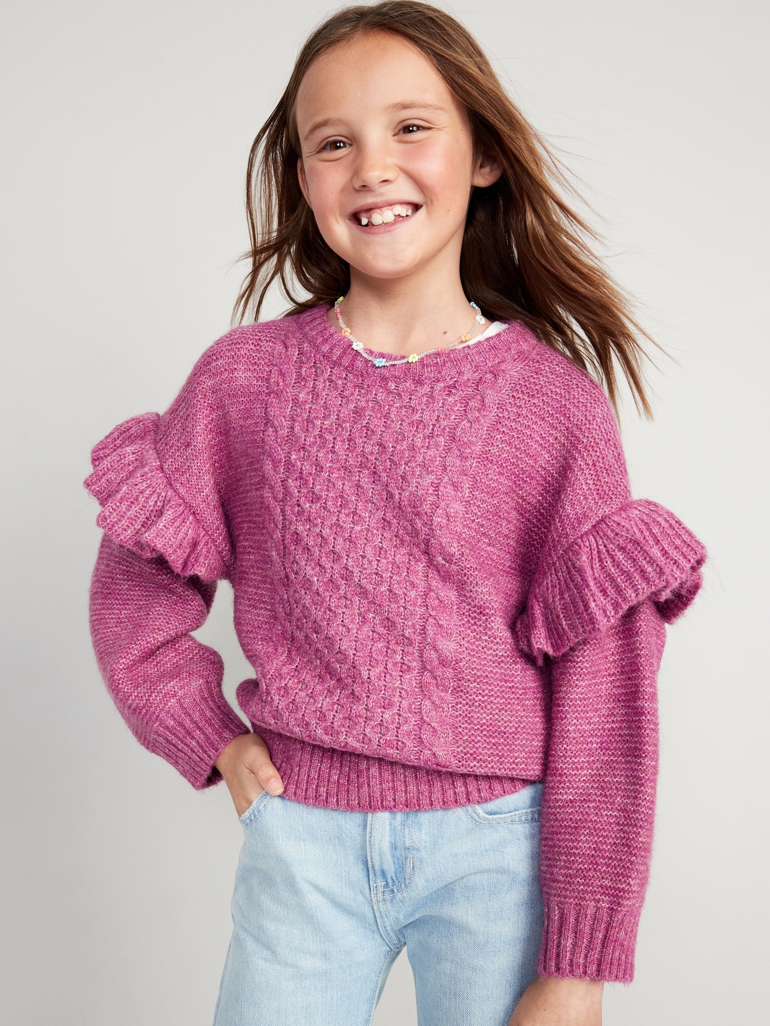 Ruffled Crew-Neck Pullover Sweater for Girls