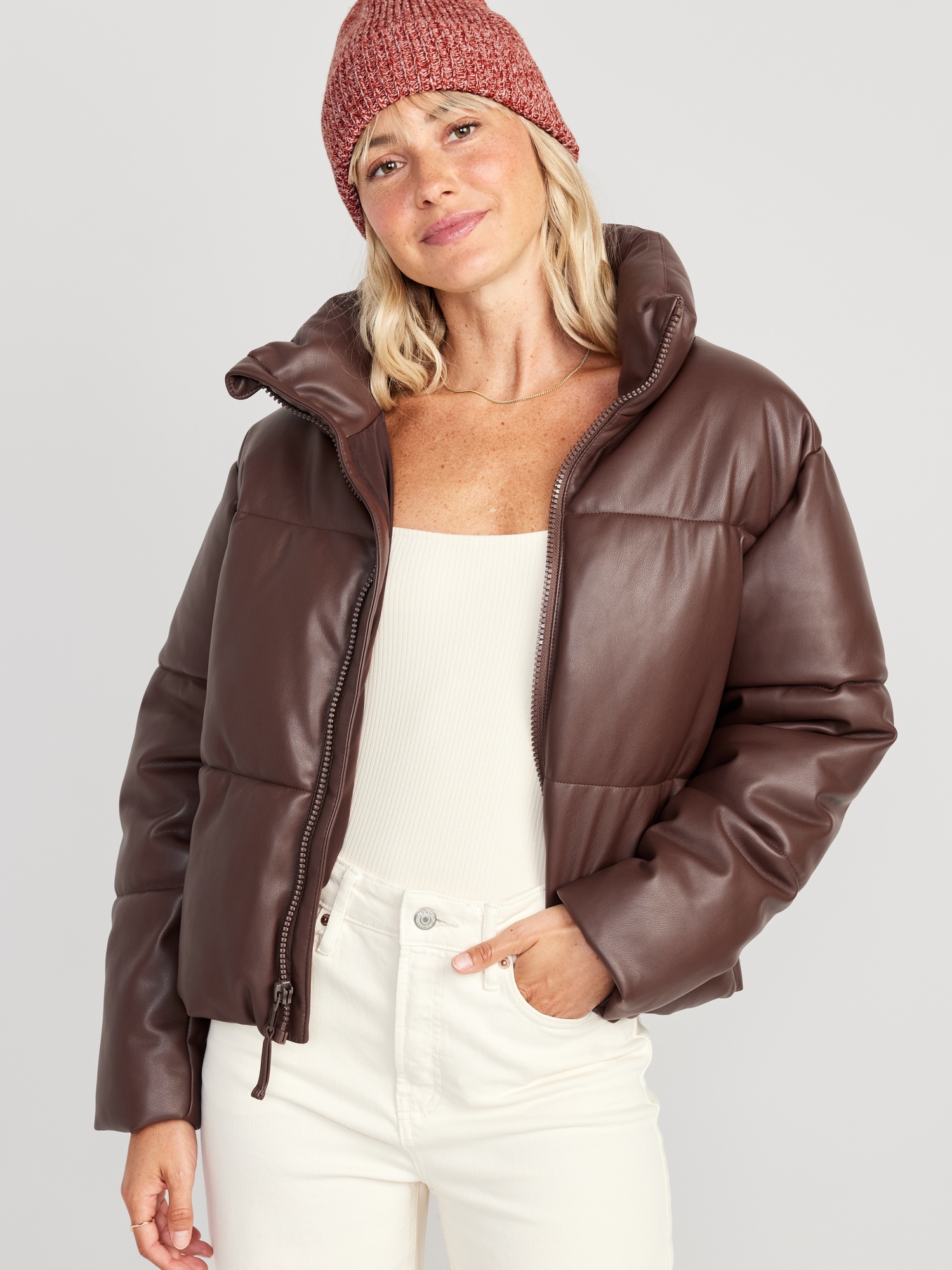 Mock-Neck Faux-Leather Puffer Jacket for Women | Old Navy