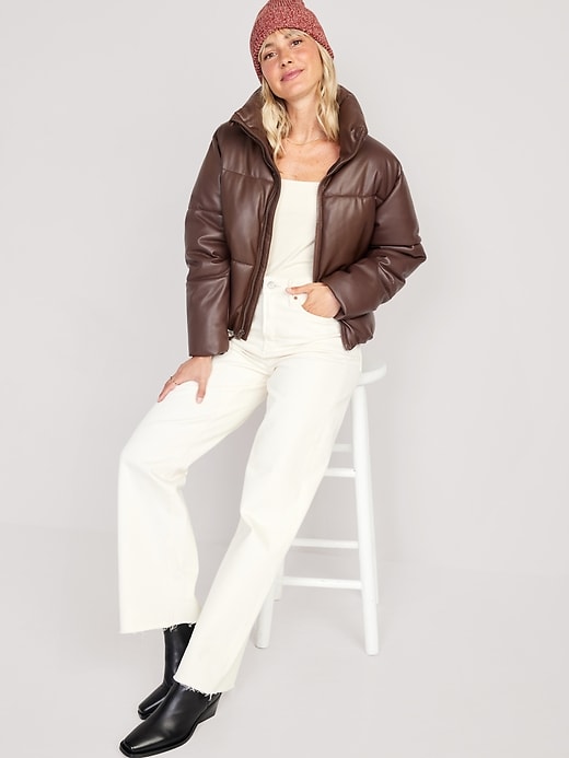 Image number 3 showing, Mock-Neck Faux-Leather Puffer Jacket