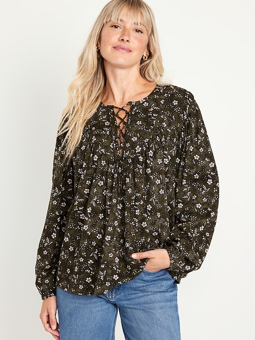 Image number 1 showing, Tie-Front Boho Swing Blouse