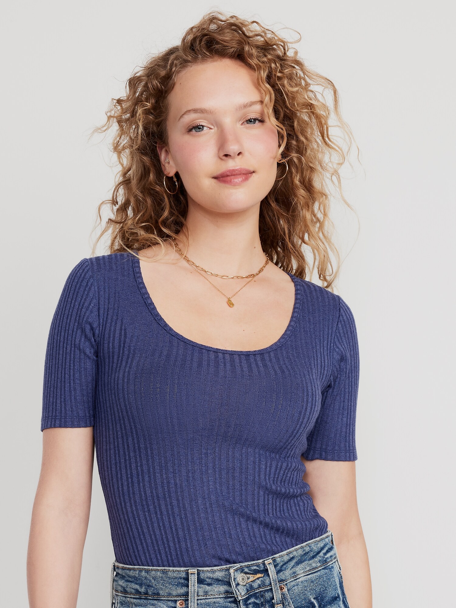 Fitted Elbow-Sleeve Rib-Knit T-Shirt for Women | Old Navy