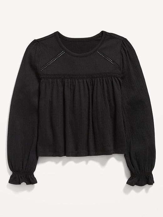 View large product image 1 of 1. Long-Sleeve Lace-Trim Textured-Knit Top for Girls