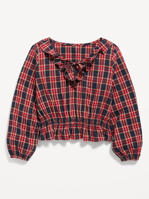 View large product image 2 of 3. Long-Sleeve Plaid Ruffle-Trim Top for Girls