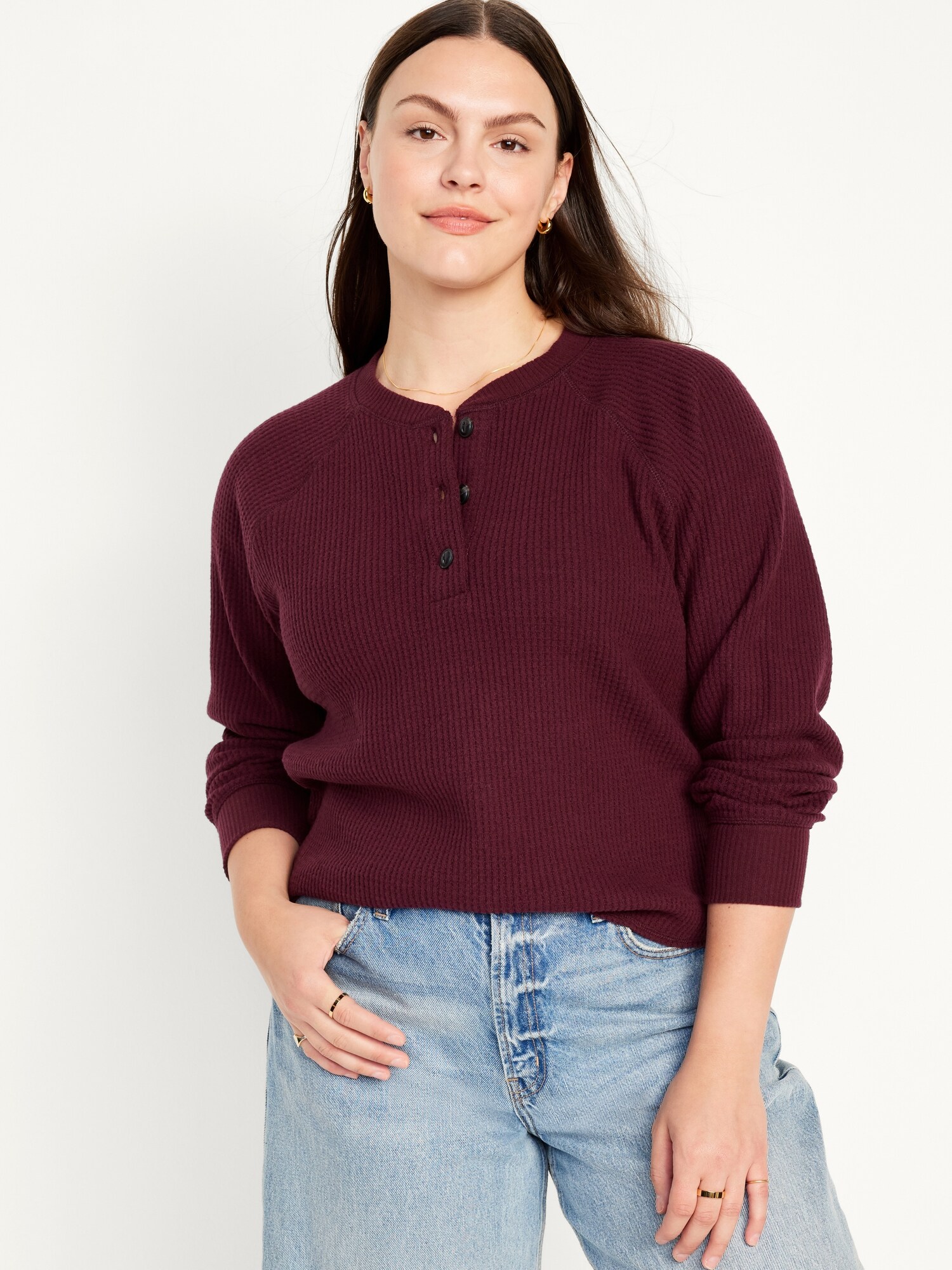 Plush WaffleKnit Henley Top for Women Old Navy