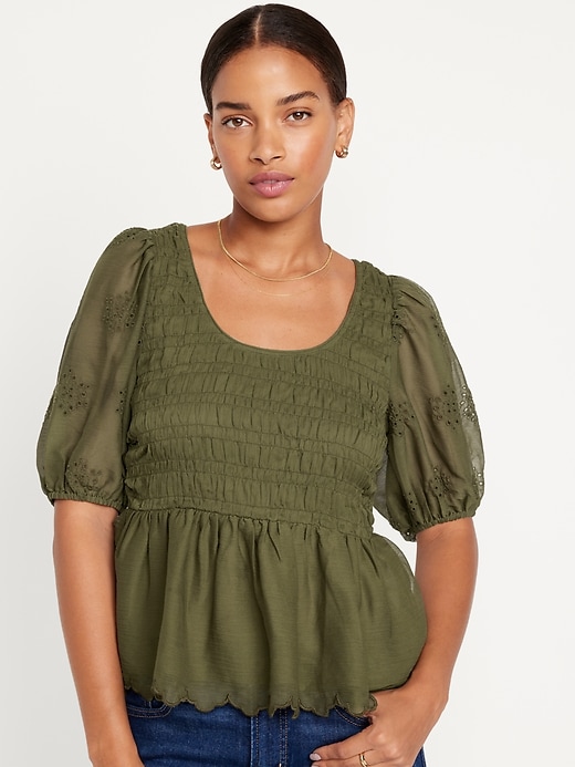 Image number 1 showing, Fitted Puff-Sleeve Smocked Chiffon Top