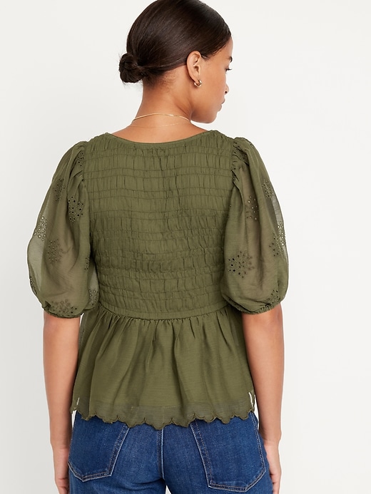 Image number 2 showing, Fitted Puff-Sleeve Smocked Chiffon Top