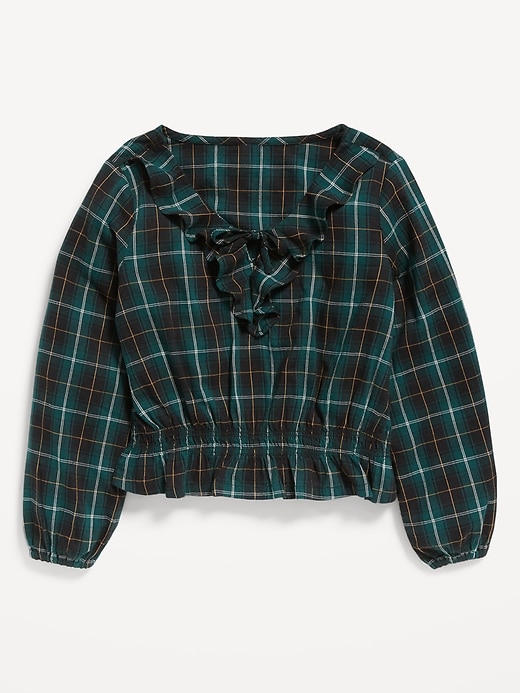 View large product image 2 of 3. Long-Sleeve Plaid Ruffle-Trim Top for Girls