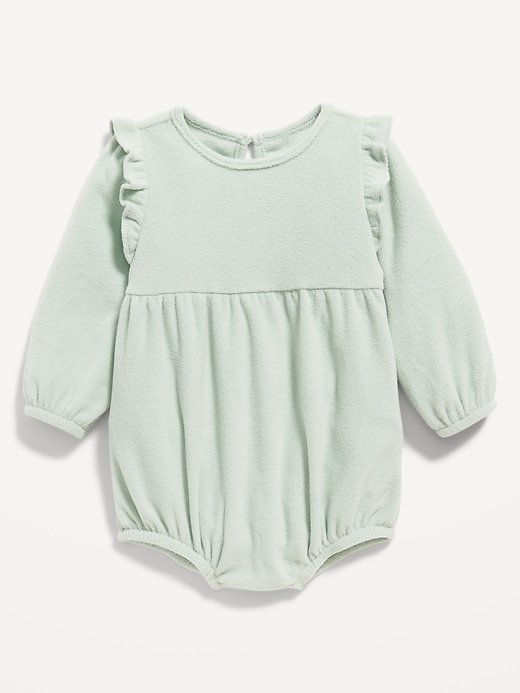 View large product image 1 of 1. Long-Sleeve Ruffle-Trim Microfleece Romper for Baby