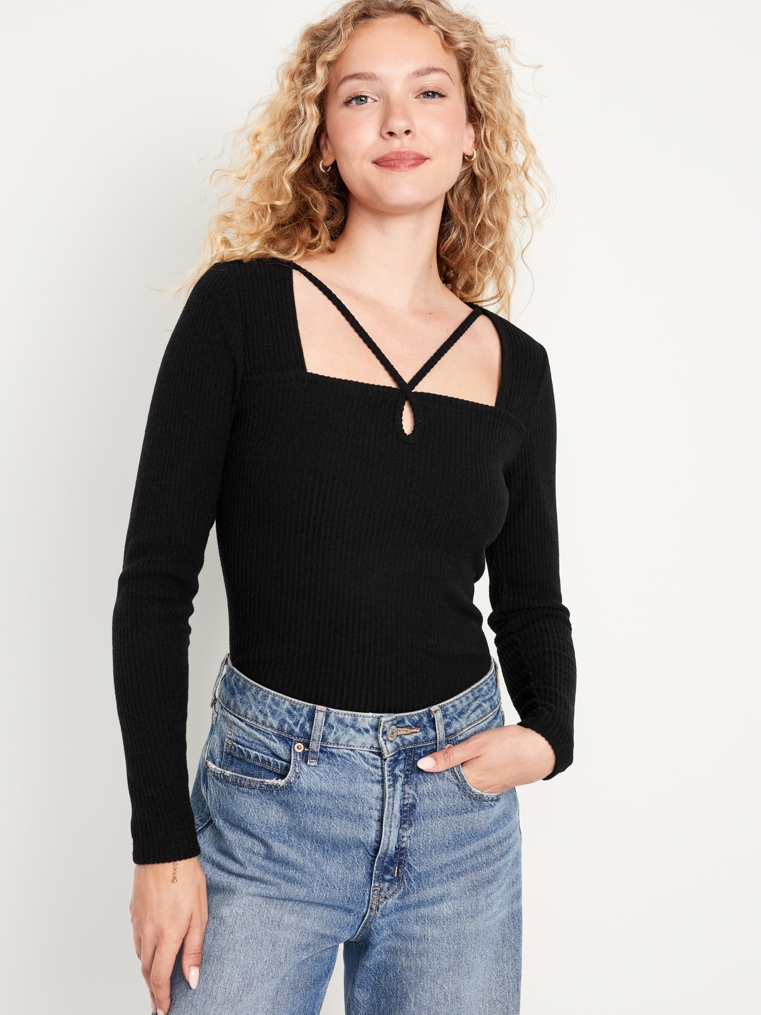 Long-Sleeve Strappy Women Fitted for Old Navy Top Keyhole |