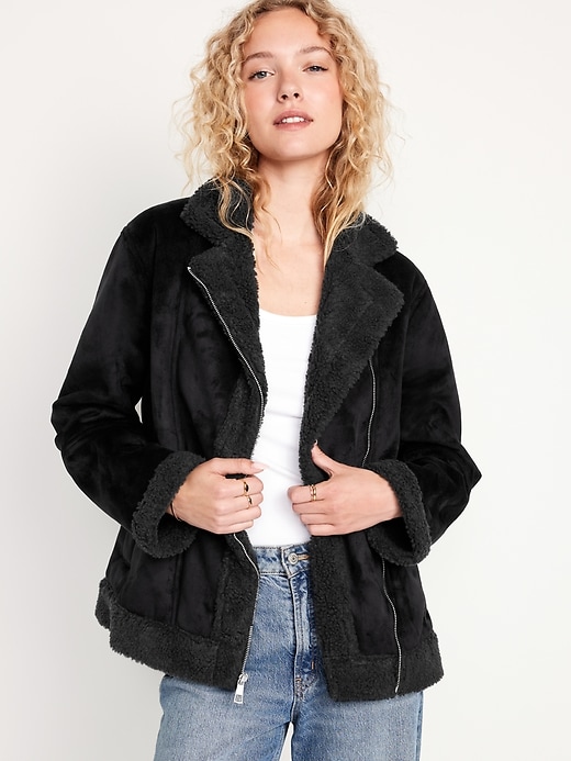 Image number 1 showing, Faux-Suede Sherpa-Lined Moto Jacket