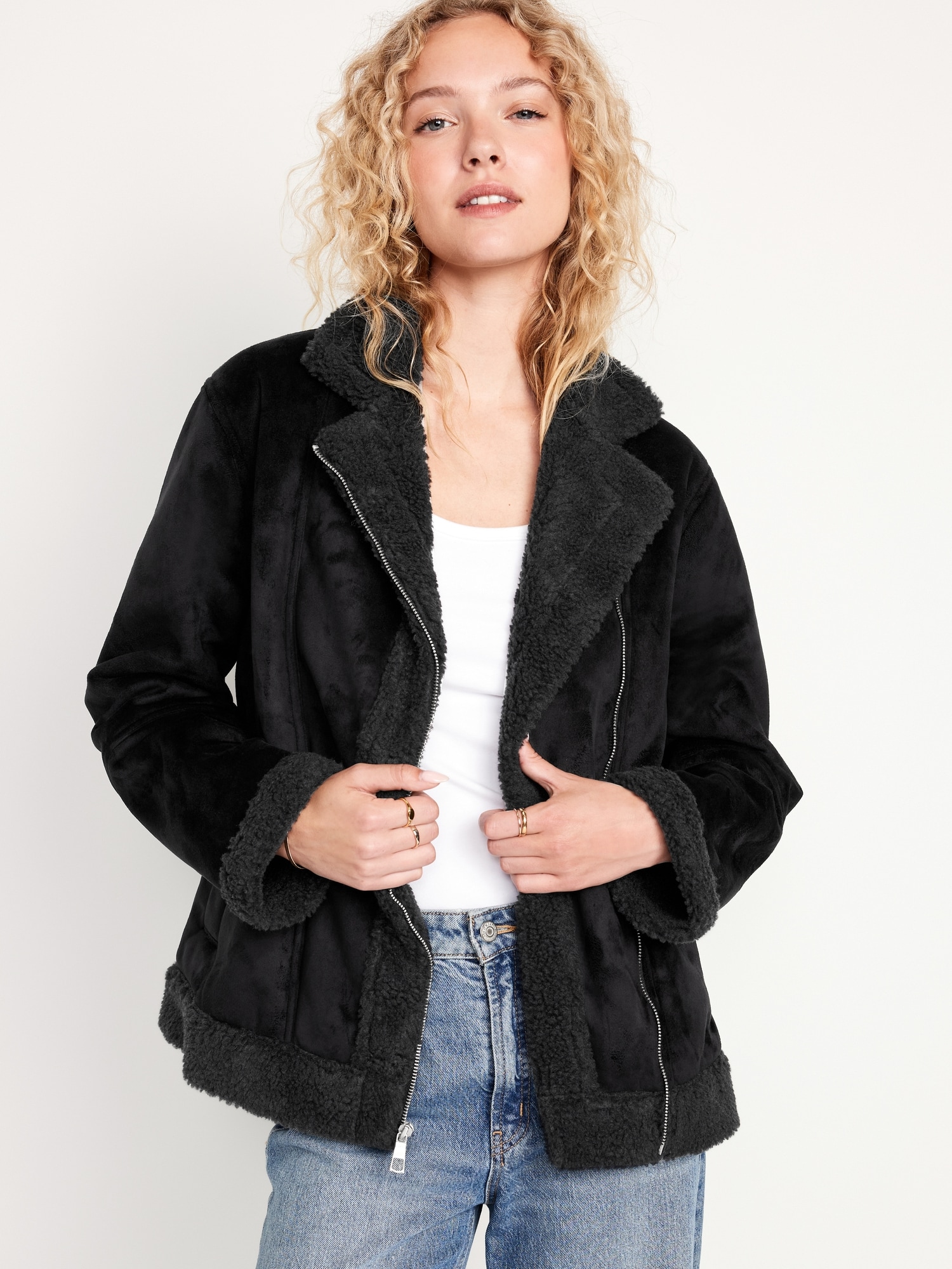Cropped shearling-lined suede jacket