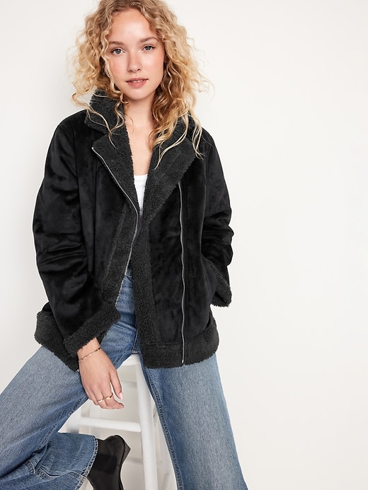 Image number 3 showing, Faux-Suede Sherpa-Lined Moto Jacket