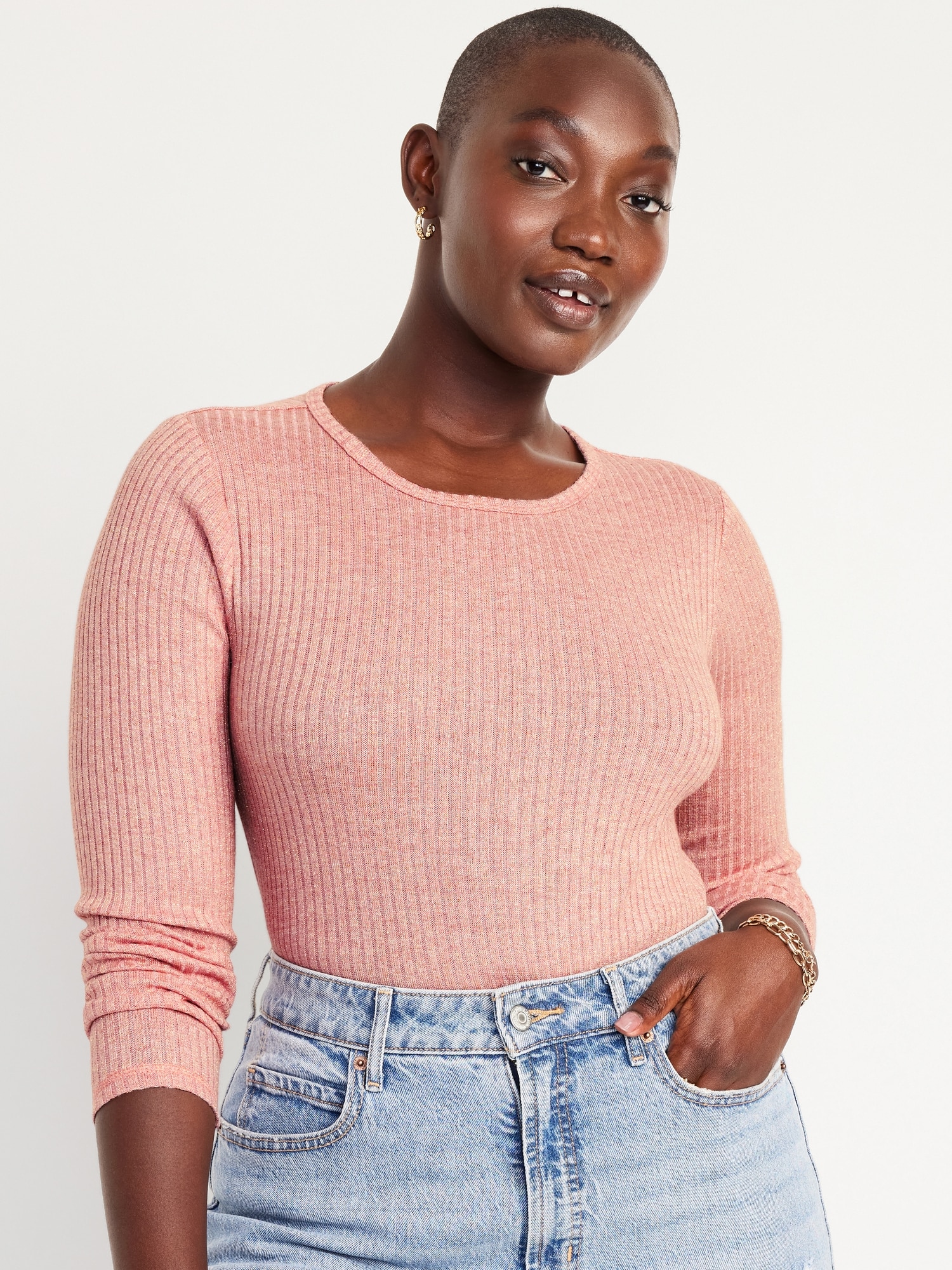 Rib Long-Sleeve Crop Top - PINK