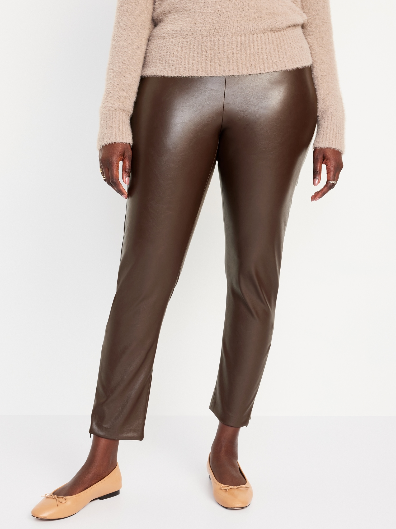 High Waist Slit Detailed Malena Women's Brown Vegan Leather Trousers 24k219