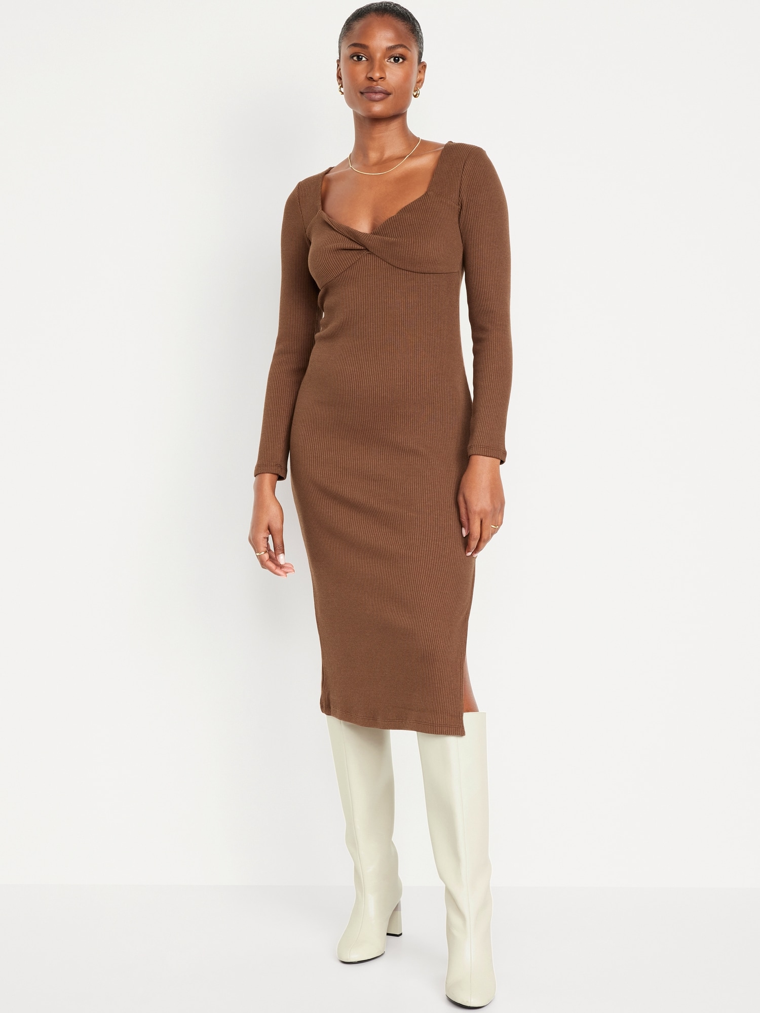 Fitted Twist-Front Rib-Knit Midi Dress for Women | Old Navy