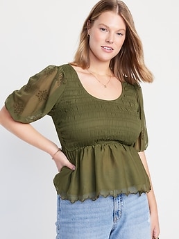 Fitted Puff-Sleeve Smocked Chiffon Top