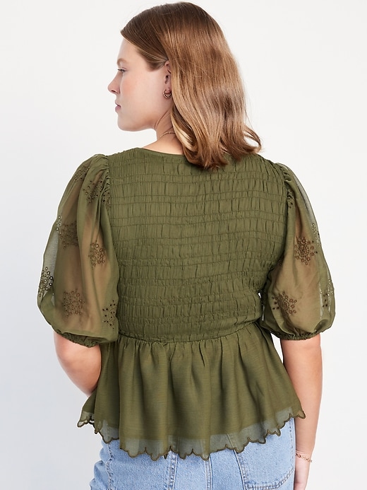 Image number 6 showing, Fitted Puff-Sleeve Smocked Chiffon Top