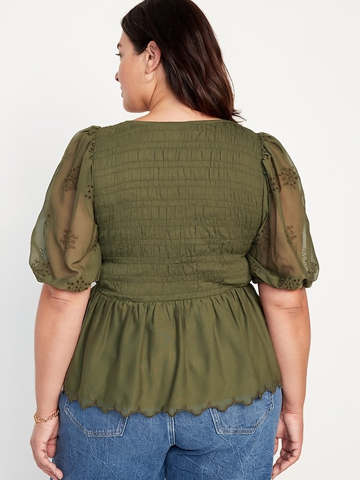 Image number 8 showing, Fitted Puff-Sleeve Smocked Chiffon Top