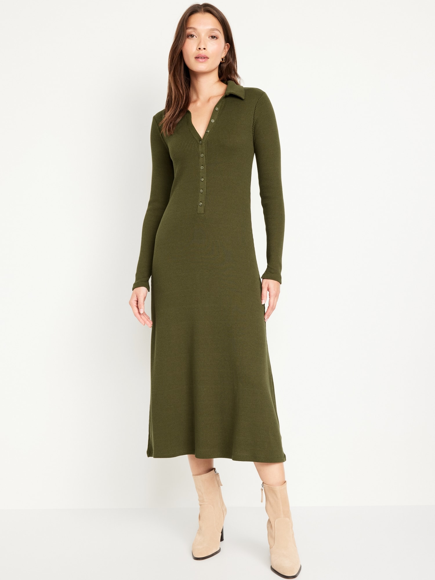 Fit & Flare Long-Sleeve Henley Midi Dress for Women | Old Navy