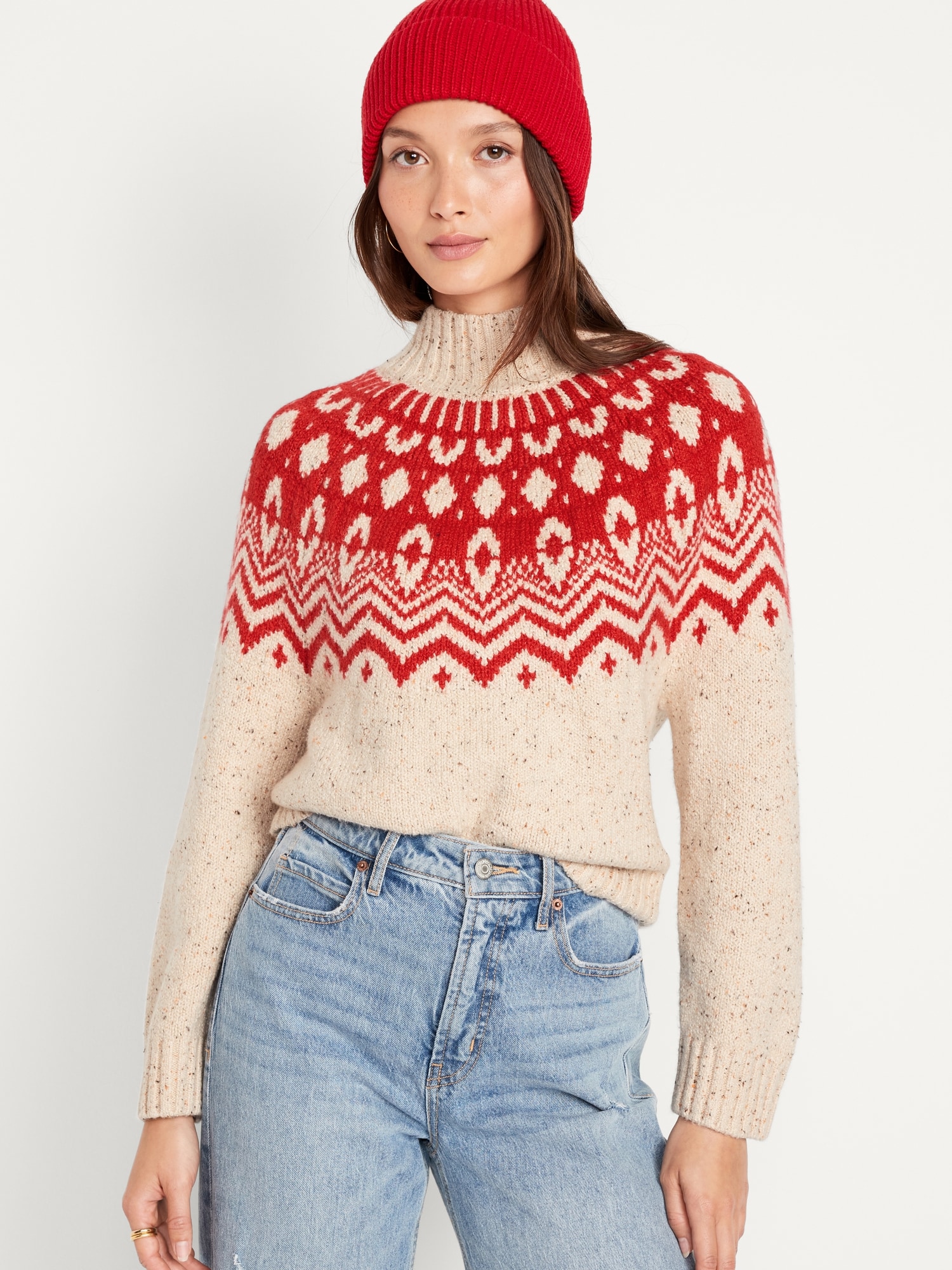 Mock-Neck Fair Isle Cropped Sweater