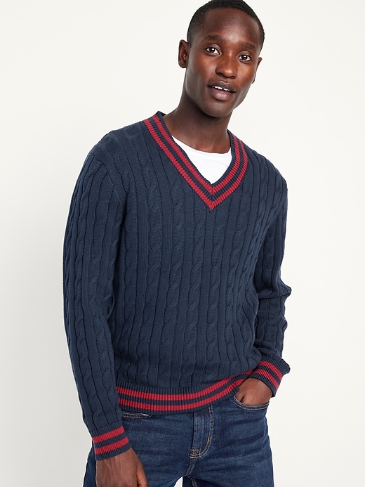 Image number 1 showing, V-Neck Cable-Knit Pullover Sweater