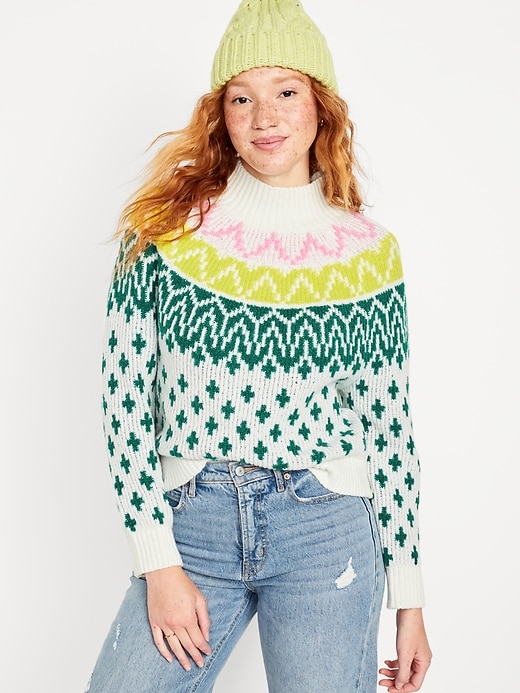 Image number 1 showing, Mock-Neck Fair Isle Cropped Sweater