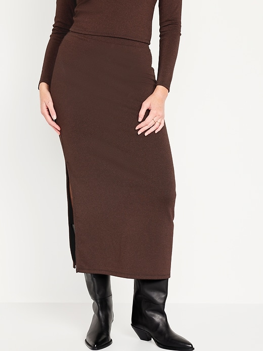 Image number 1 showing, High-Waisted Rib-Knit Shine Maxi Skirt