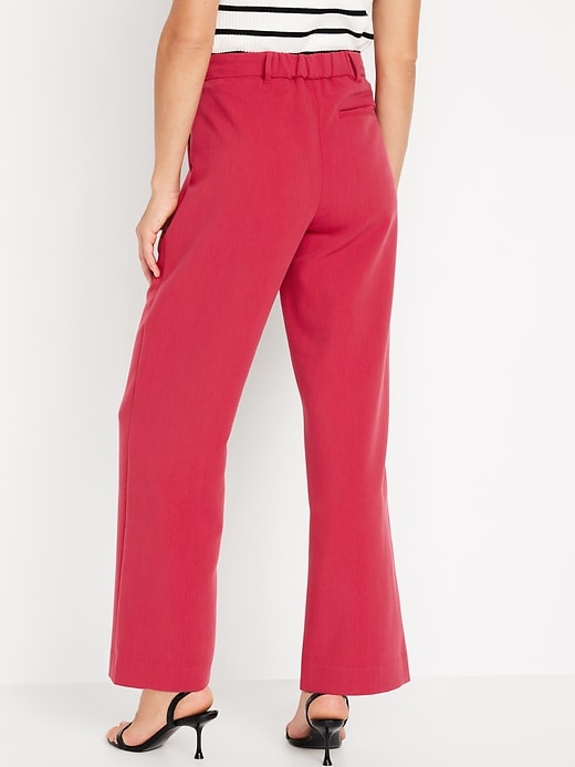 Women's Tan Silk Button Down Blouse, Red Wide Leg Pants, Beige Pumps, Gold  Necklace | Lookastic