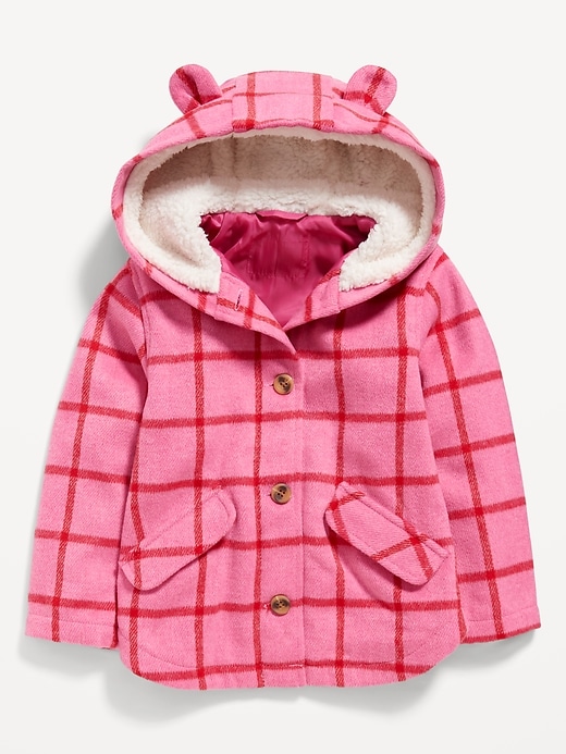View large product image 1 of 2. Plaid Button-Front Critter Hooded Coat for Toddler Girls